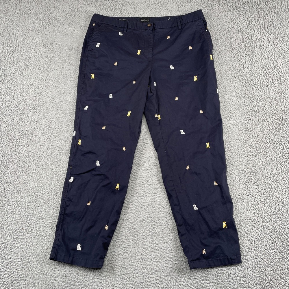 Talbots Relaxed Chino Womens 14 Navy Dog Embroidery Straight Leg Cotton Blend
